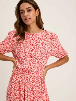 Adele Red Floral Button Down Midi Dress with Slit