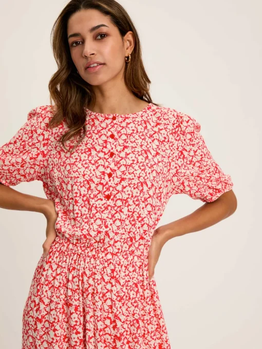 Adele Red Floral Button Down Midi Dress with Slit
