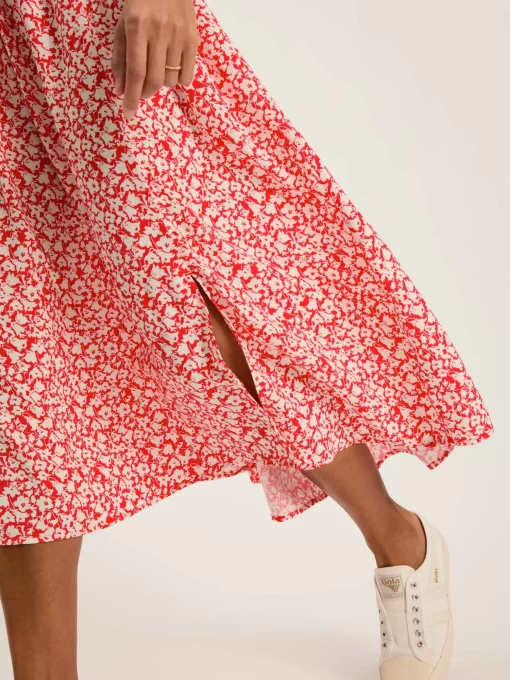 Adele Red Floral Button Down Midi Dress with Slit