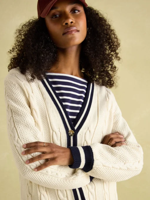 Game Point Cream/Navy Button Through Longline Cable Knit Cardigan