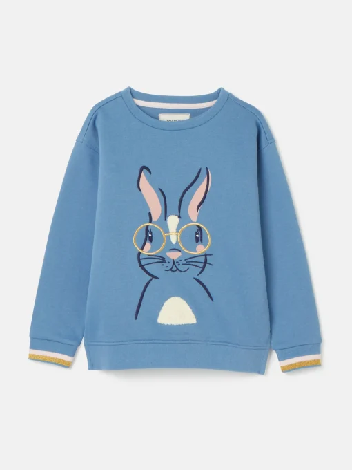 Girls' Mackenzie Blue Rabbit Embroidered Artwork Crew Neck Sweatshirt