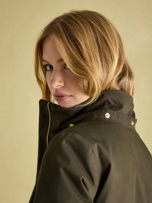 Harpsden Cosy Khaki Green Waterproof Fleece Lined Raincoat with Faux Fur Hood