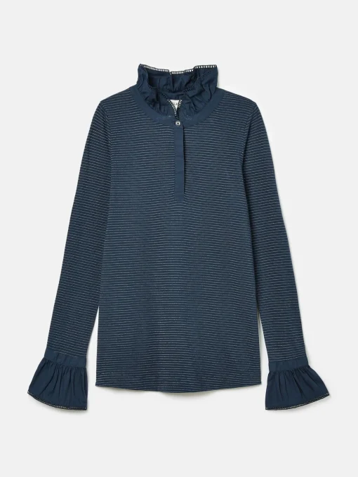Kate Navy Sparkle Long Sleeve Frilled Neck Top