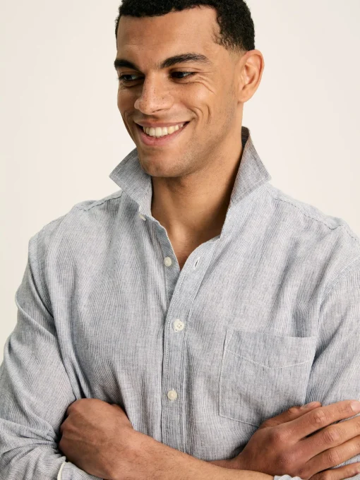 Linen Blend Blue Stripe Plain Long Sleeve Shirt