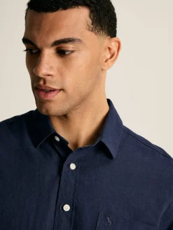 Linen Blend Navy Blue Plain Short Sleeve Shirt