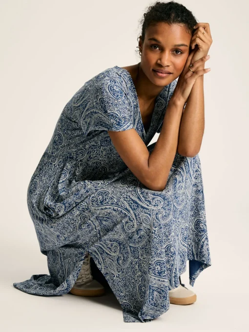 Nia Blue Jersey V-Neck Beach Dress